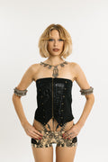SCALED ARMOR | Embossed Denim & Vegan Leather Corset | Black denim + Vegan leather cobra embossed