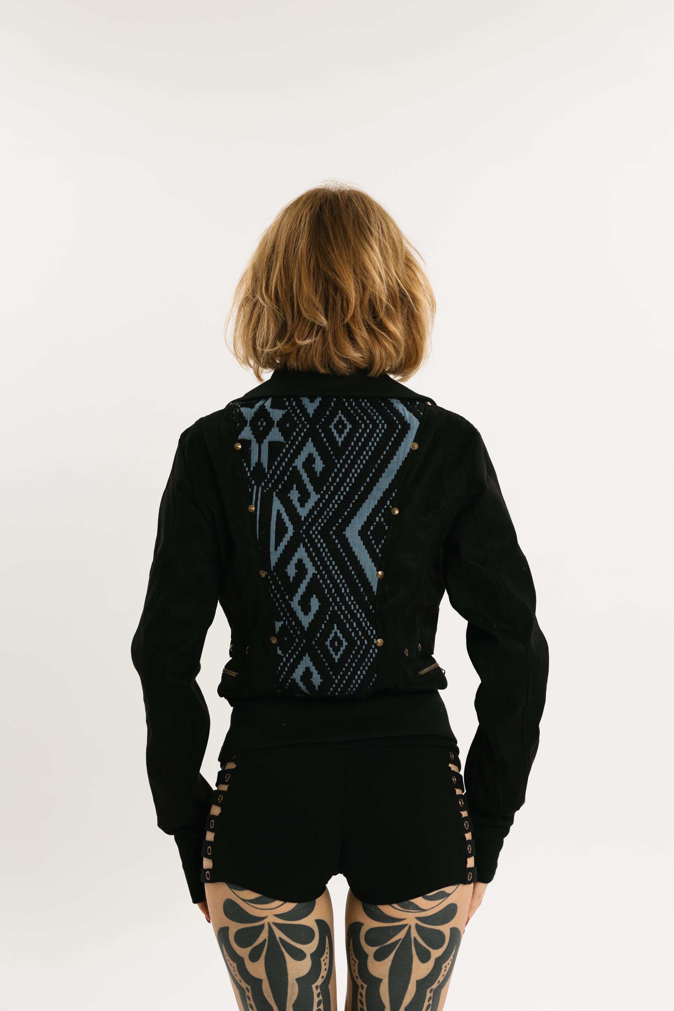 BLADE WEAVE | Vegan Leather Jacket | Black with Blue Jacquard