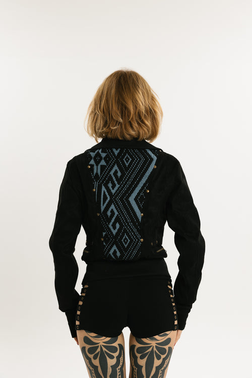 BLADE WEAVE | Vegan Leather Jacket | Black with Blue Jacquard