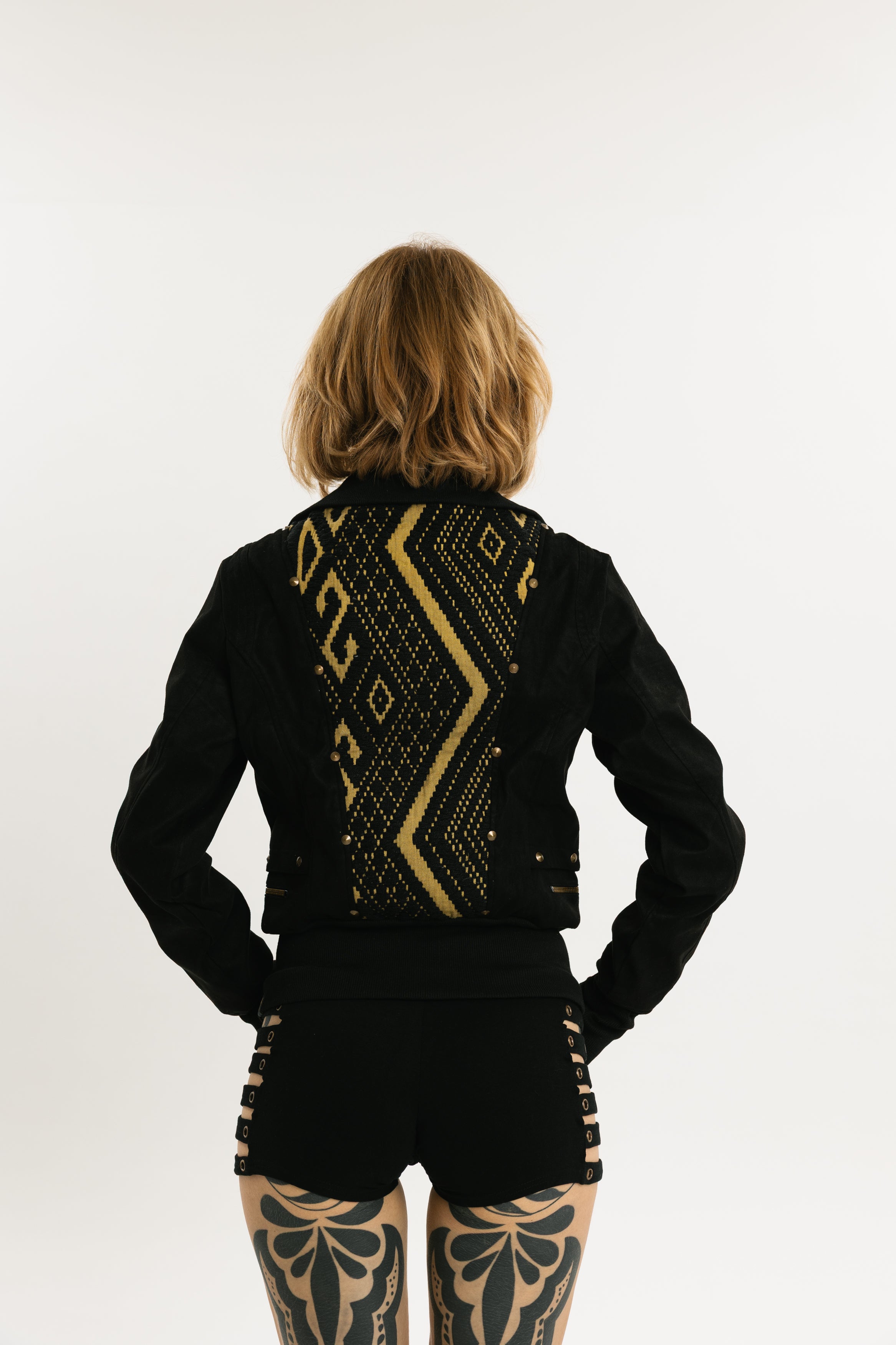 BLADE WEAVE | Vegan Leather Jacket | Black with Masala Jacquard