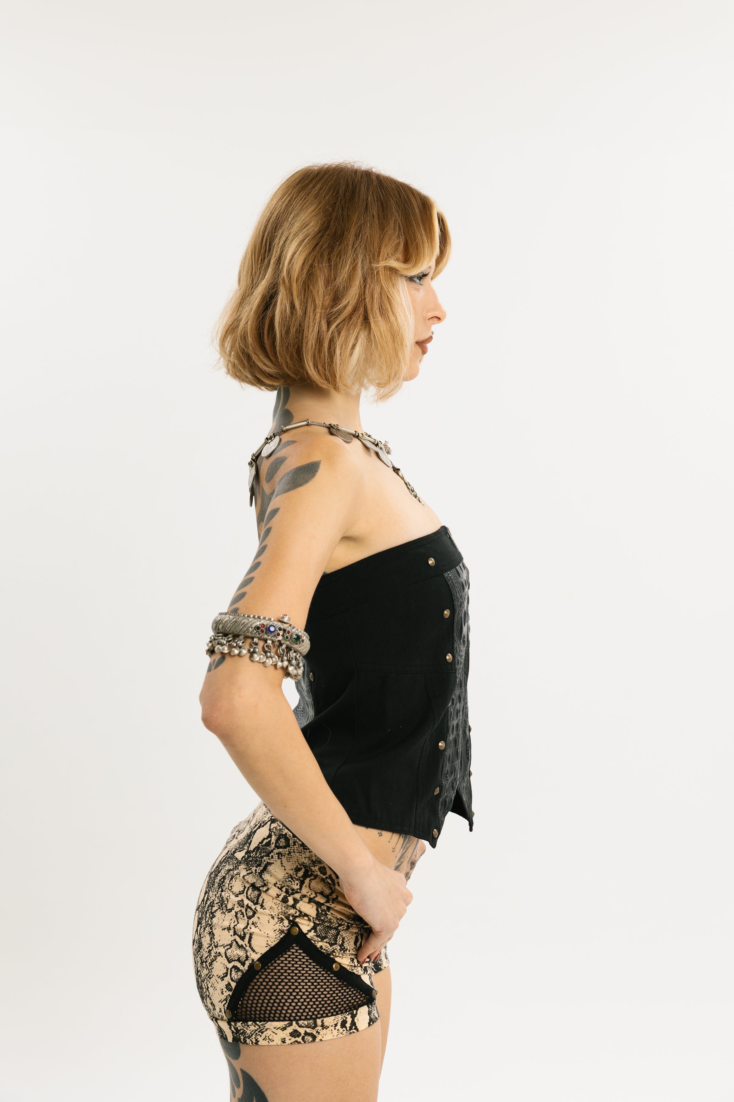SCALED ARMOR | Embossed Denim & Vegan Leather Corset | Black denim + Vegan leather cobra embossed