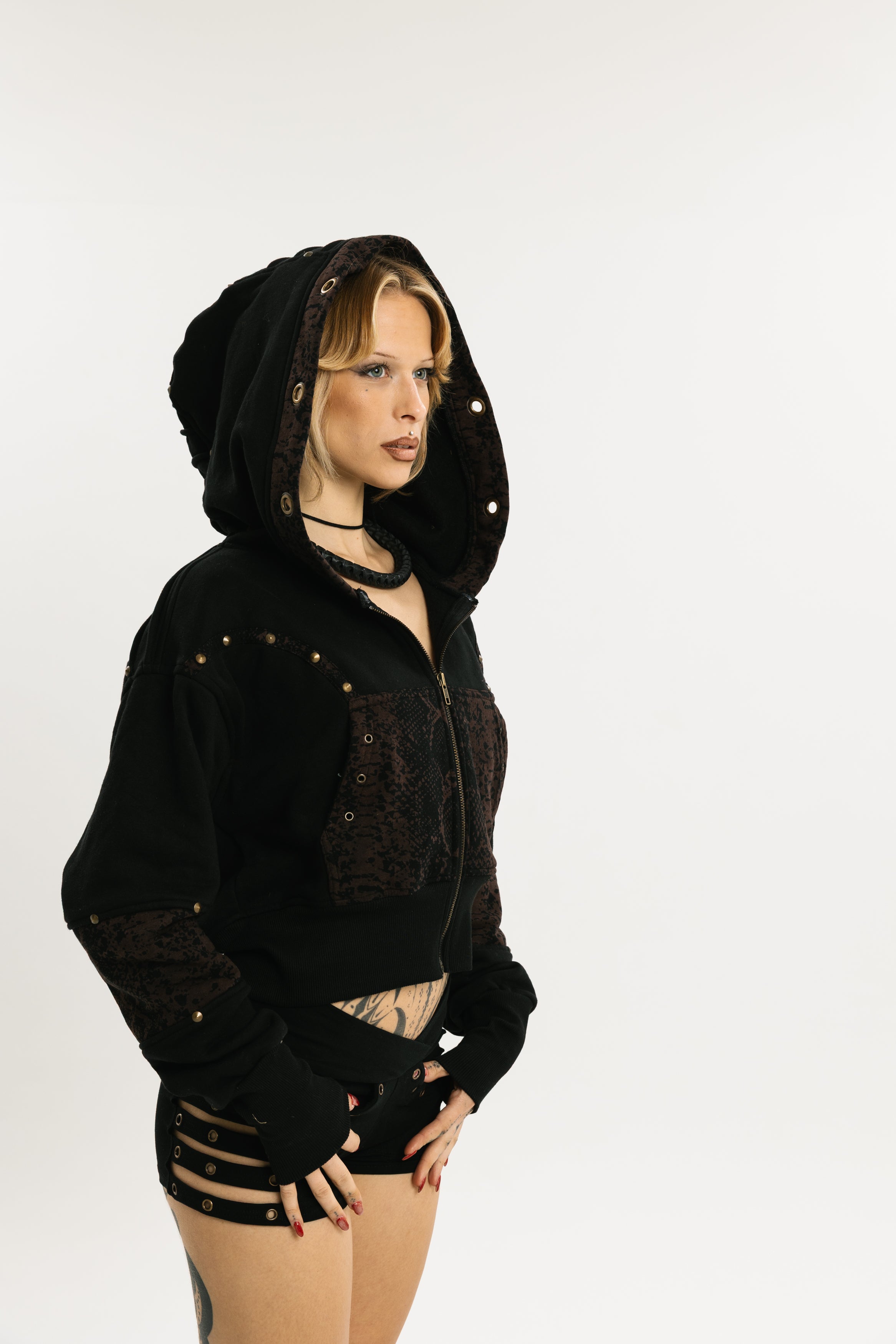 SERPENT HOOD | Cropped Cotton Hoodie with Cobra Pattern Inserts | Jet Black with Dark Brown Cobra