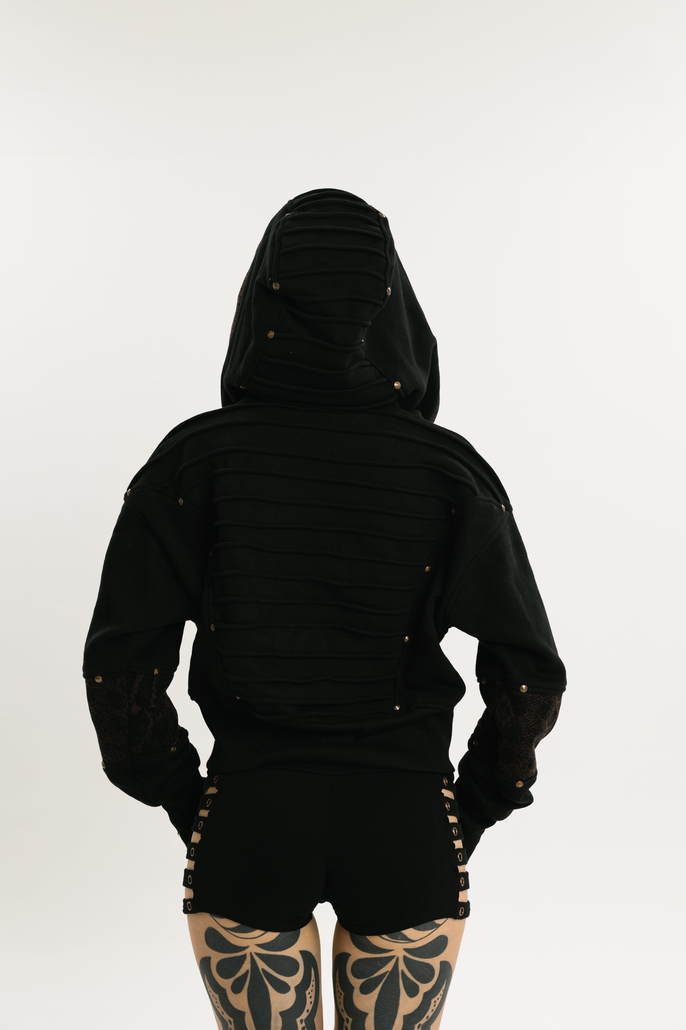 SERPENT HOOD | Cropped Cotton Hoodie with Cobra Pattern Inserts | Jet Black with Dark Brown Cobra