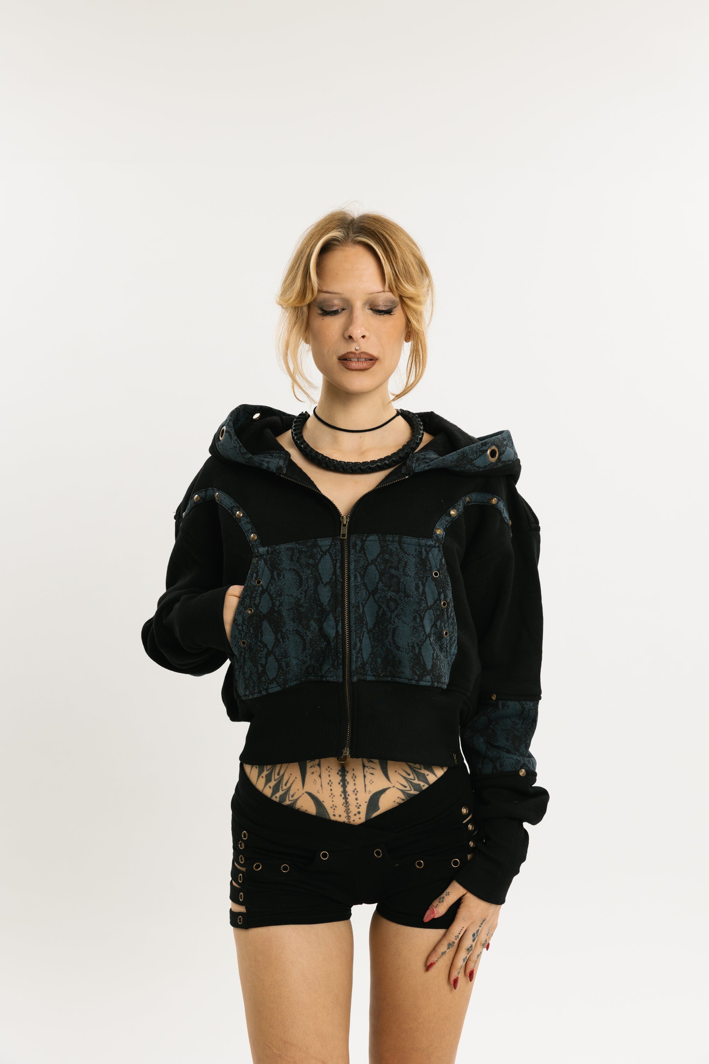 SERPENT HOOD | Cropped Cotton Hoodie with Cobra Pattern Inserts |Jet Black with Dark Blue Cobra