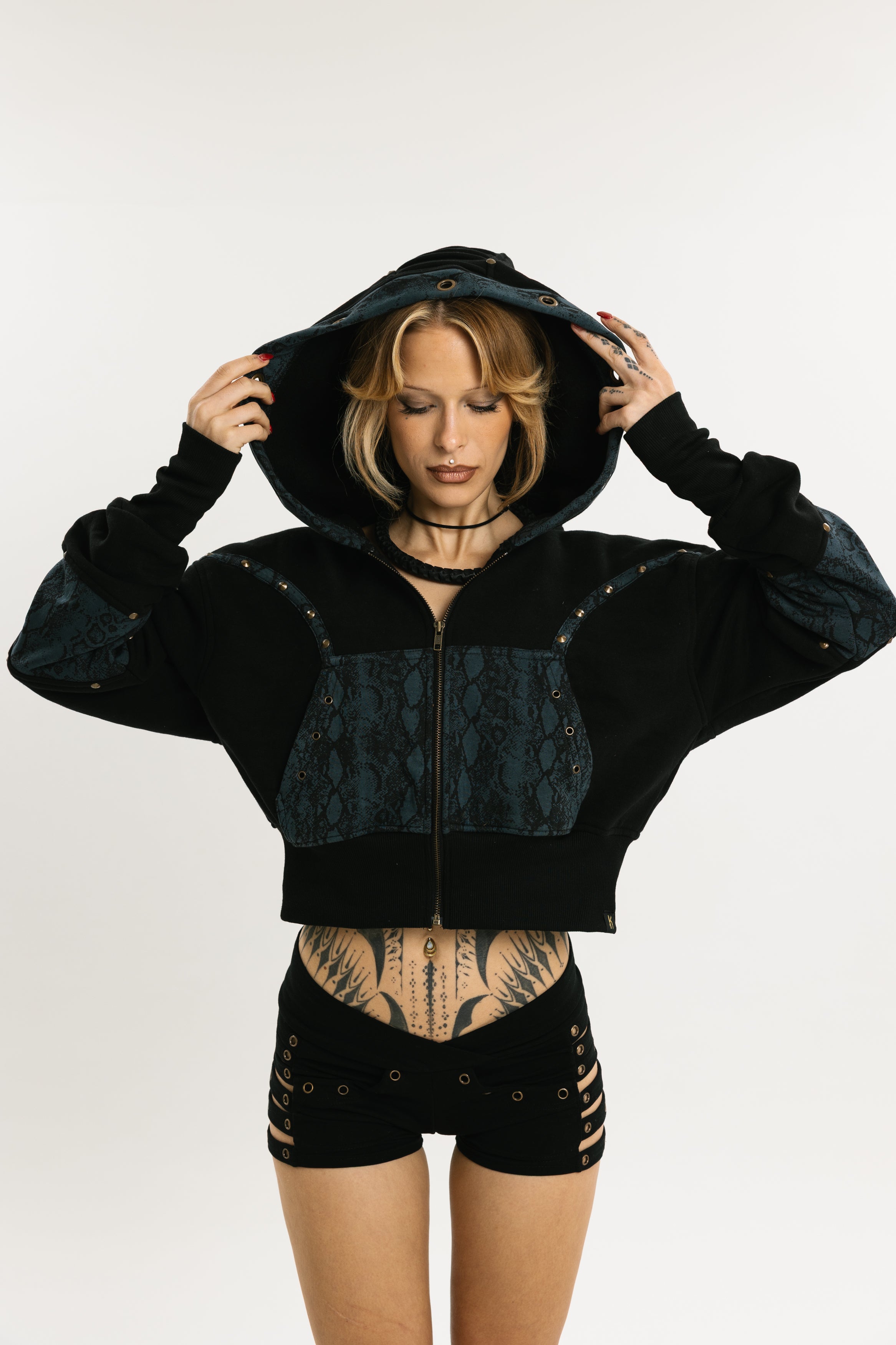 SERPENT HOOD | Cropped Cotton Hoodie with Cobra Pattern Inserts |Jet Black with Dark Blue Cobra