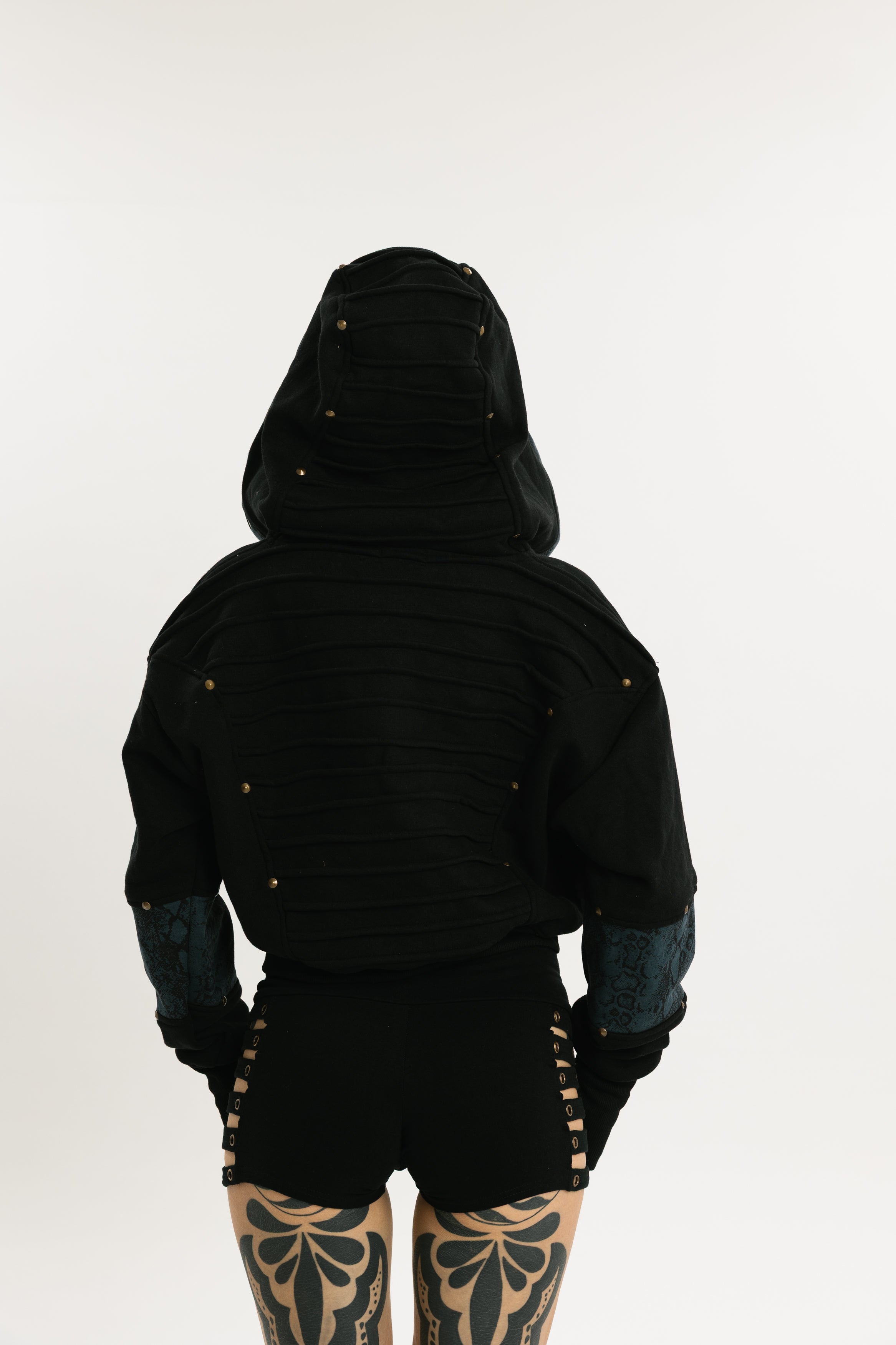 SERPENT HOOD | Cropped Cotton Hoodie with Cobra Pattern Inserts |Jet Black with Dark Blue Cobra