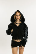 MIDNIGHT HOOD | Cropped Cotton Hoodie with Screen-Printed Graphic | Jet Black with Grey pattern