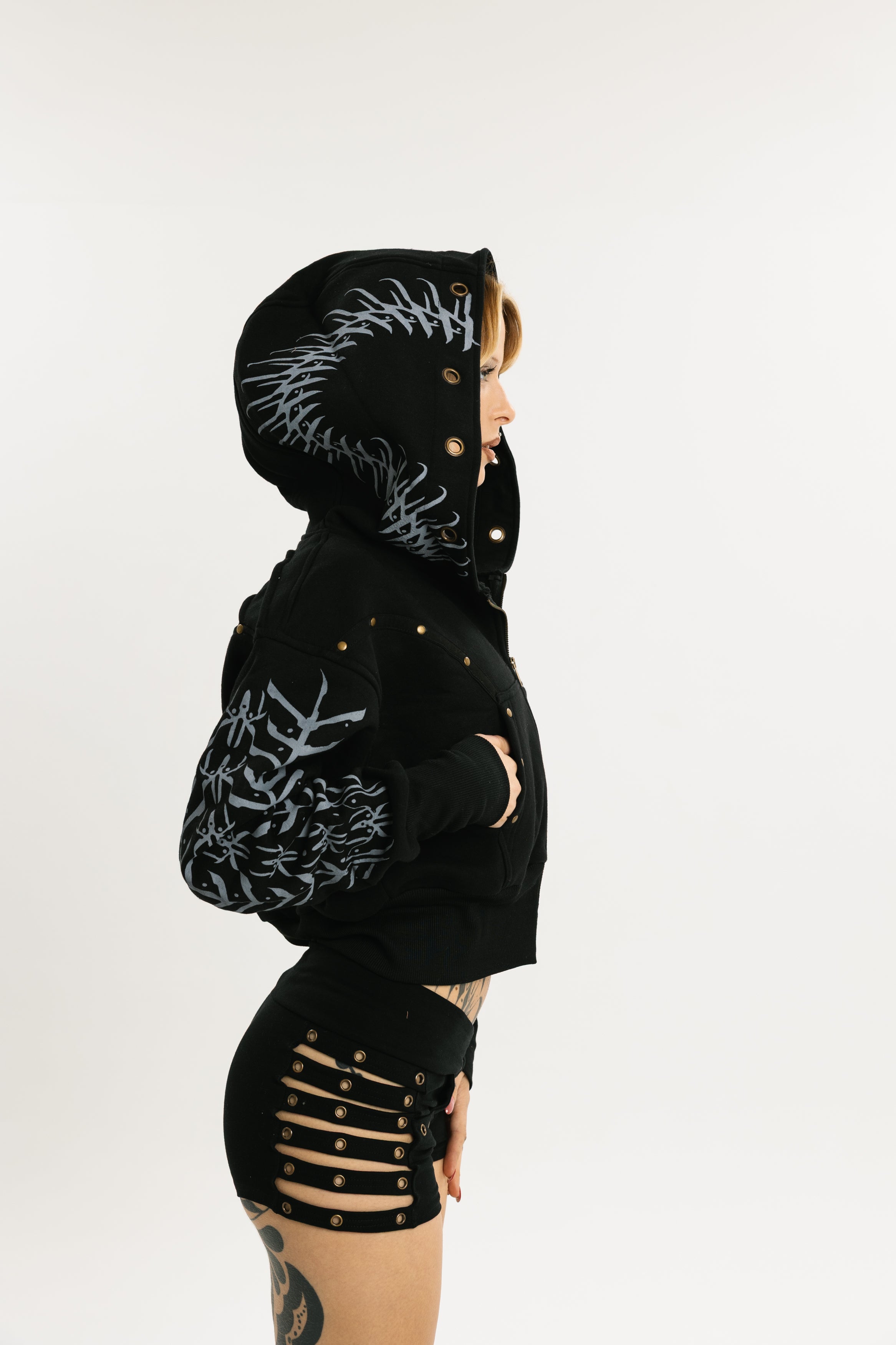 MIDNIGHT HOOD | Cropped Cotton Hoodie with Screen-Printed Graphic | Jet Black with Grey pattern