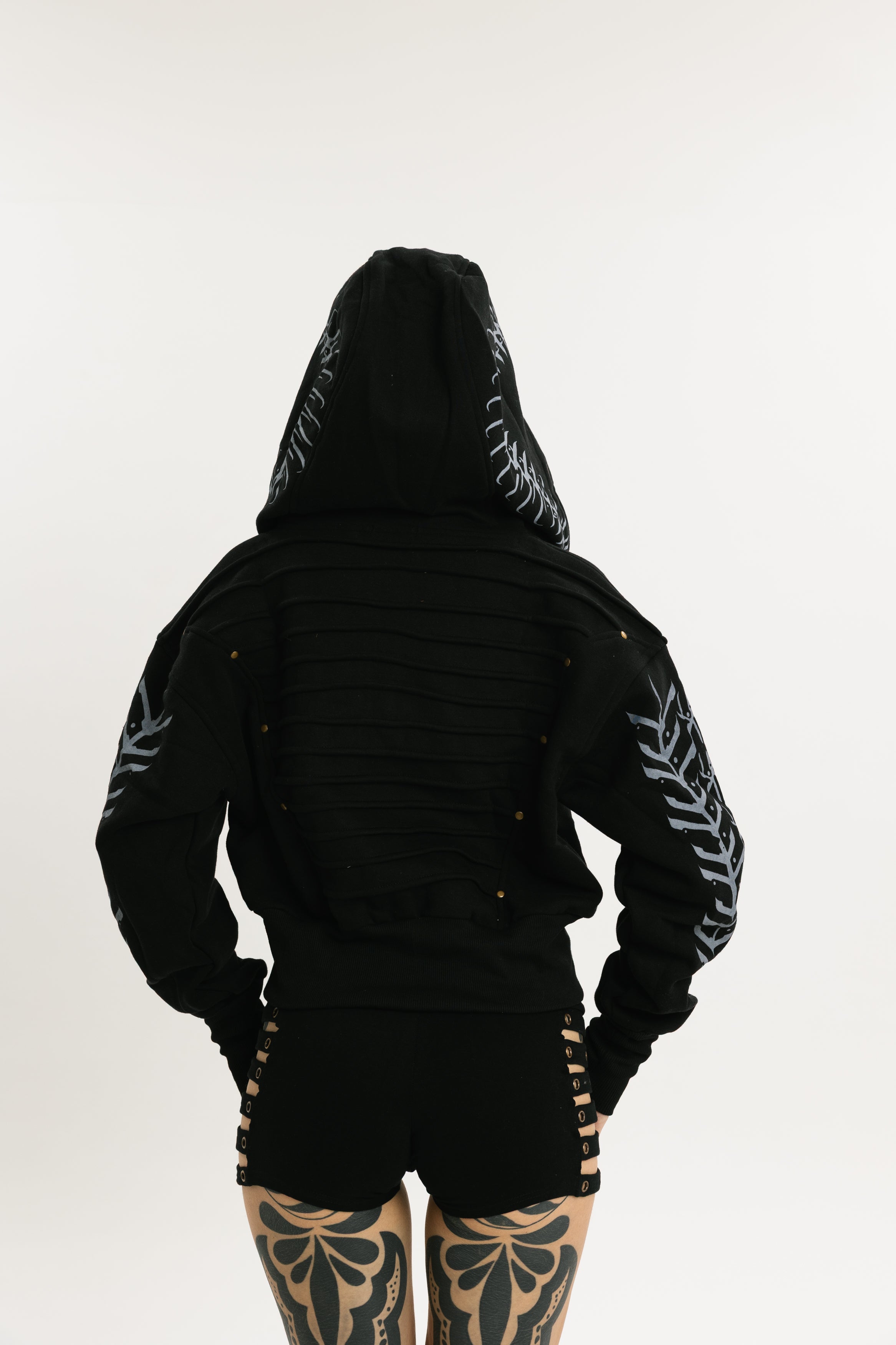 MIDNIGHT HOOD | Cropped Cotton Hoodie with Screen-Printed Graphic | Jet Black with Grey pattern