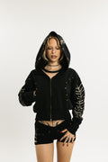 MIDNIGHT HOOD | Cropped Cotton Hoodie with Screen-Printed Graphic | Jet Black with Beige pattern