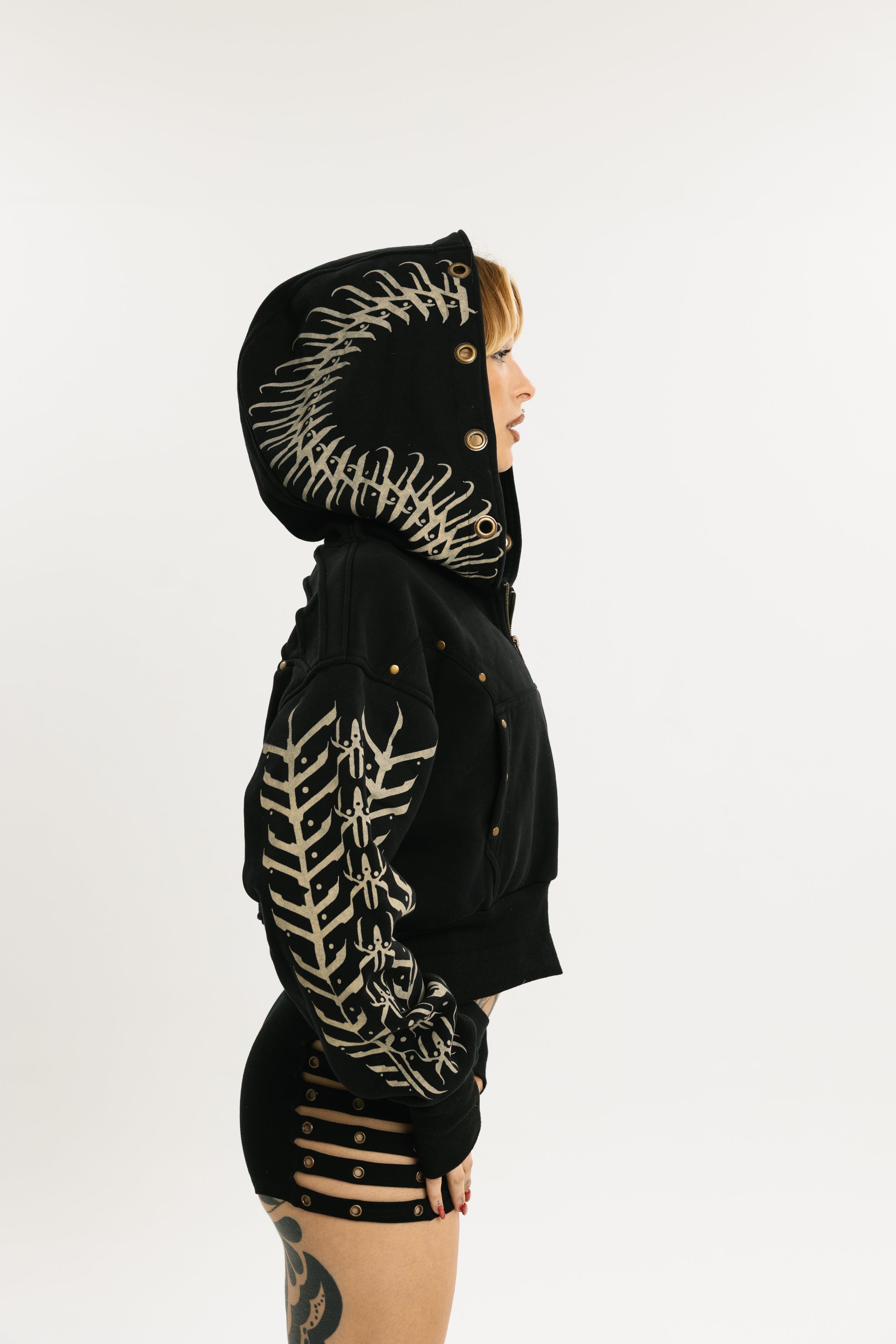 MIDNIGHT HOOD | Cropped Cotton Hoodie with Screen-Printed Graphic | Jet Black with Beige pattern
