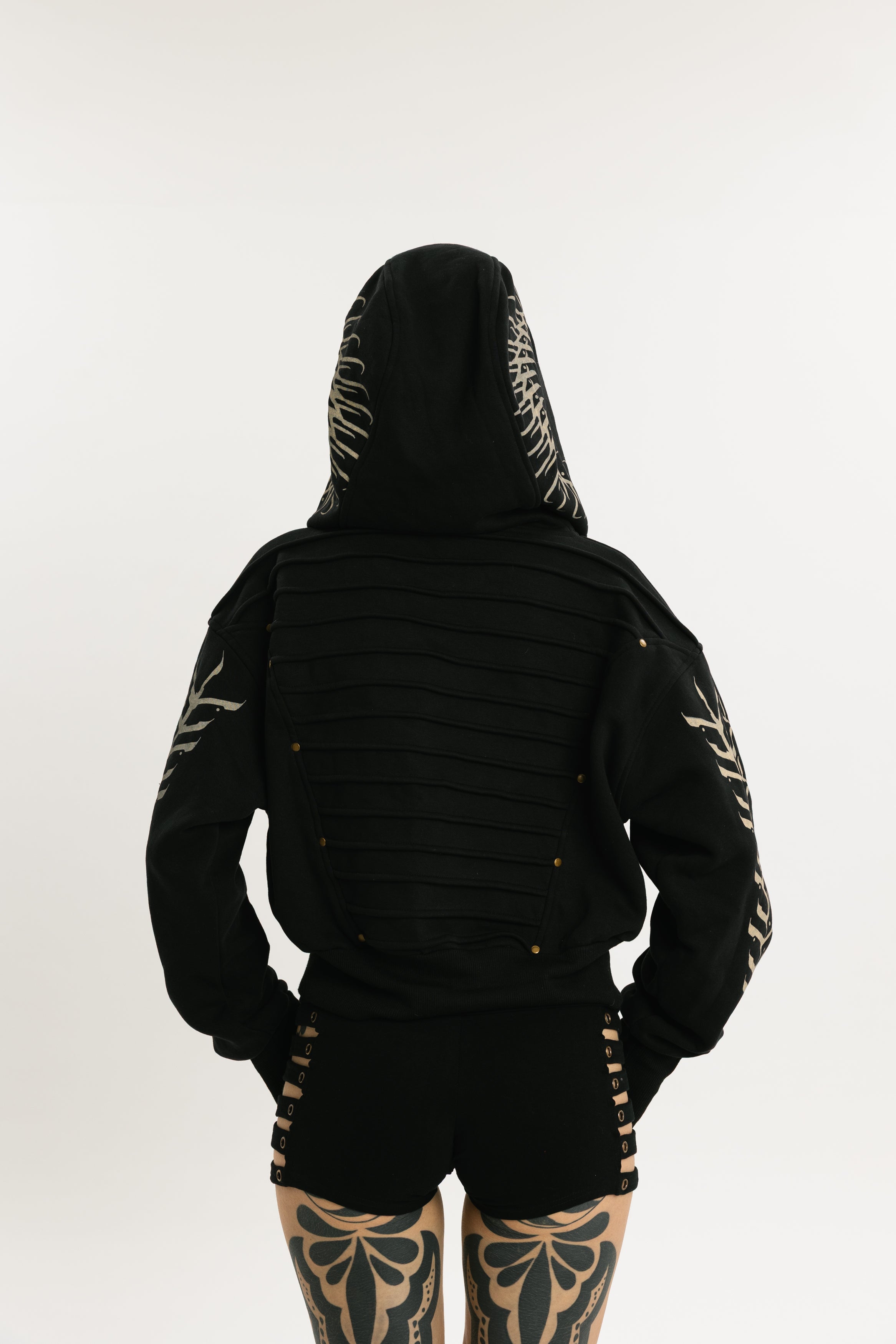 MIDNIGHT HOOD | Cropped Cotton Hoodie with Screen-Printed Graphic | Jet Black with Beige pattern