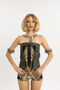 VENOM CAGE | Screen Printed Denim & Vegan Leather Corset | Vegan leather with wax + Paneled denim fabric