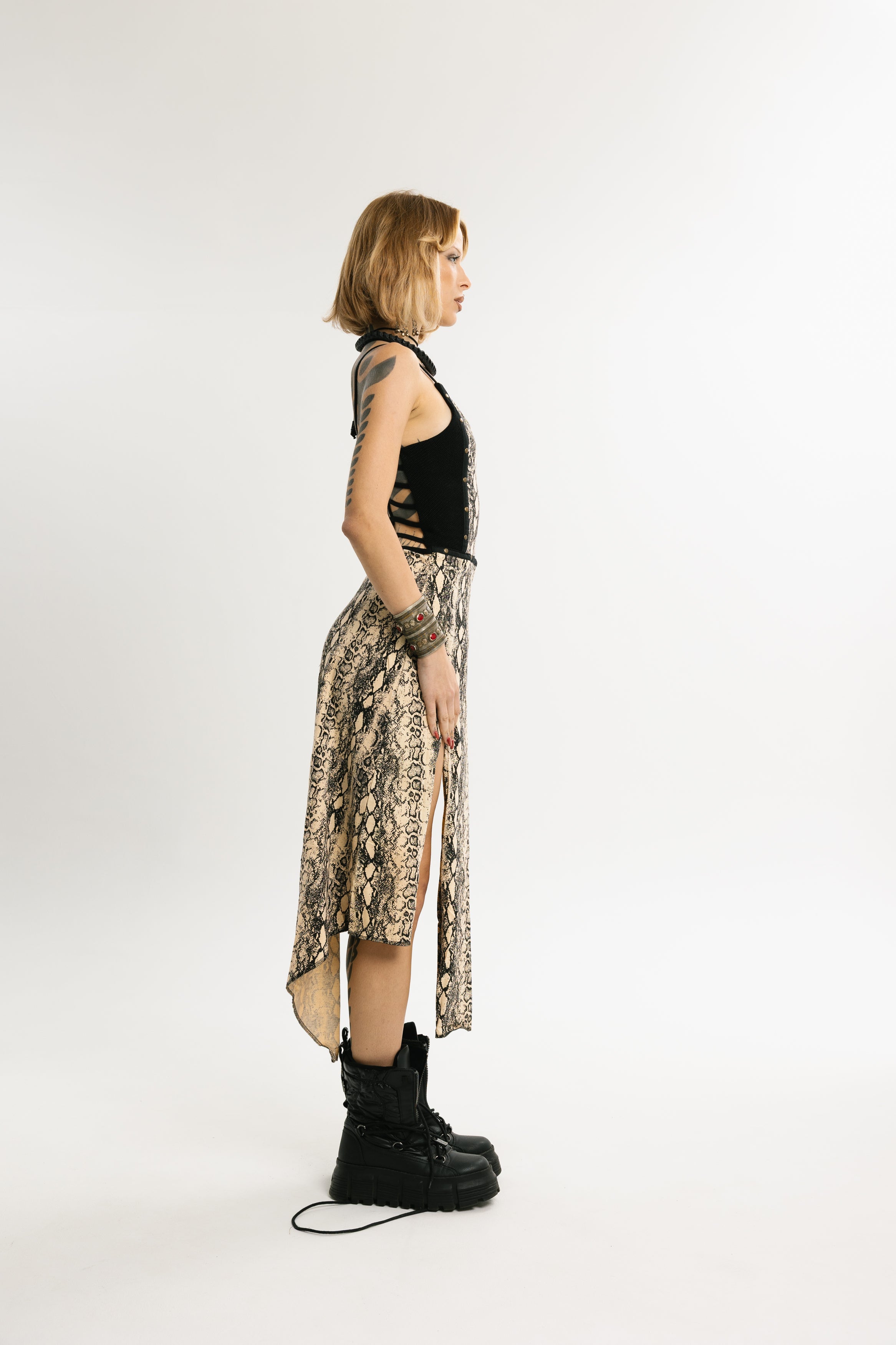 SERPENT FLOW | Midi-Length Python Print Cotton Dress | Sand Beige and Black
