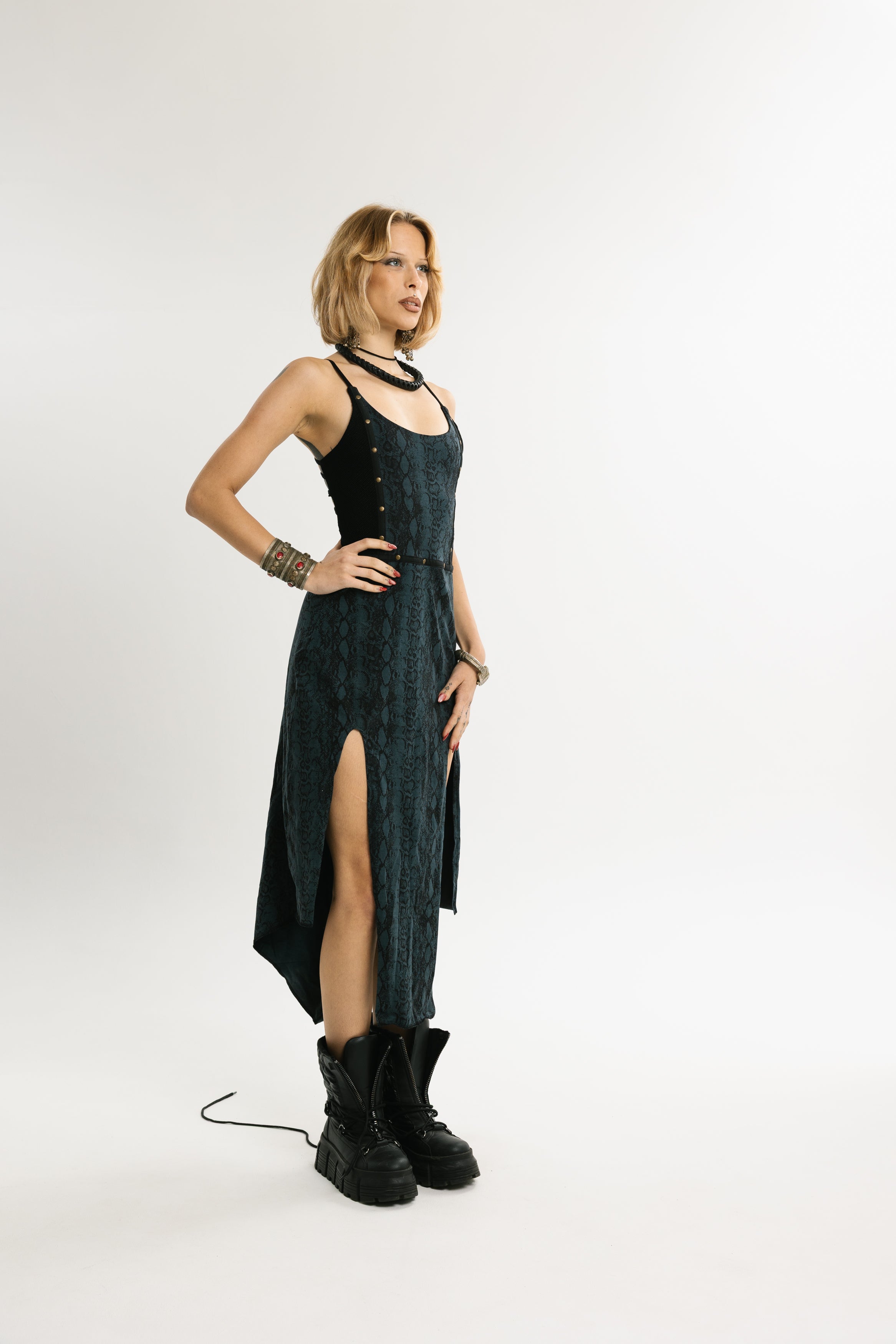 SERPENT FLOW | Midi-Length Python Print Cotton Dress | Blue and Black