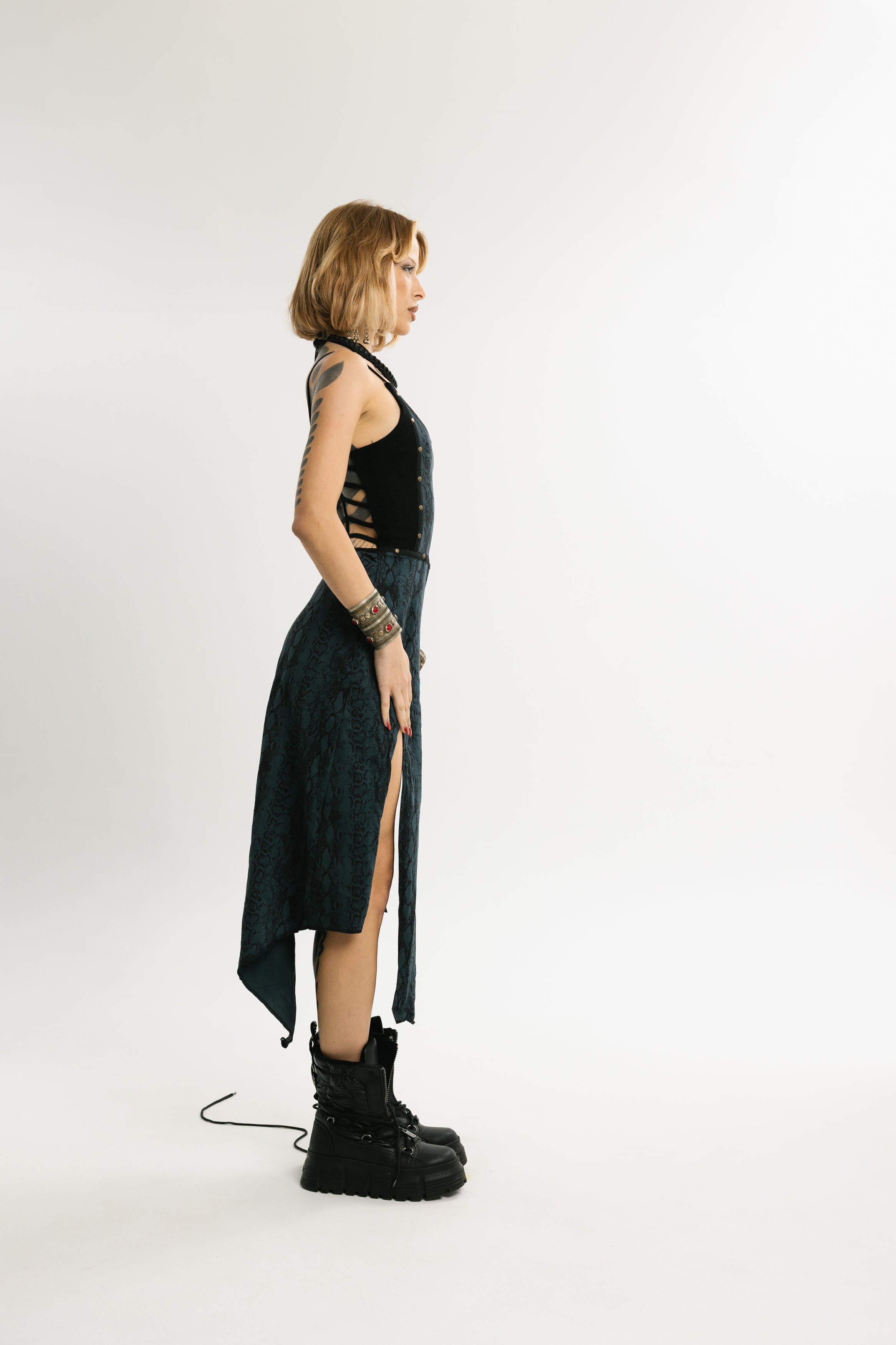 SERPENT FLOW | Midi-Length Python Print Cotton Dress | Blue and Black