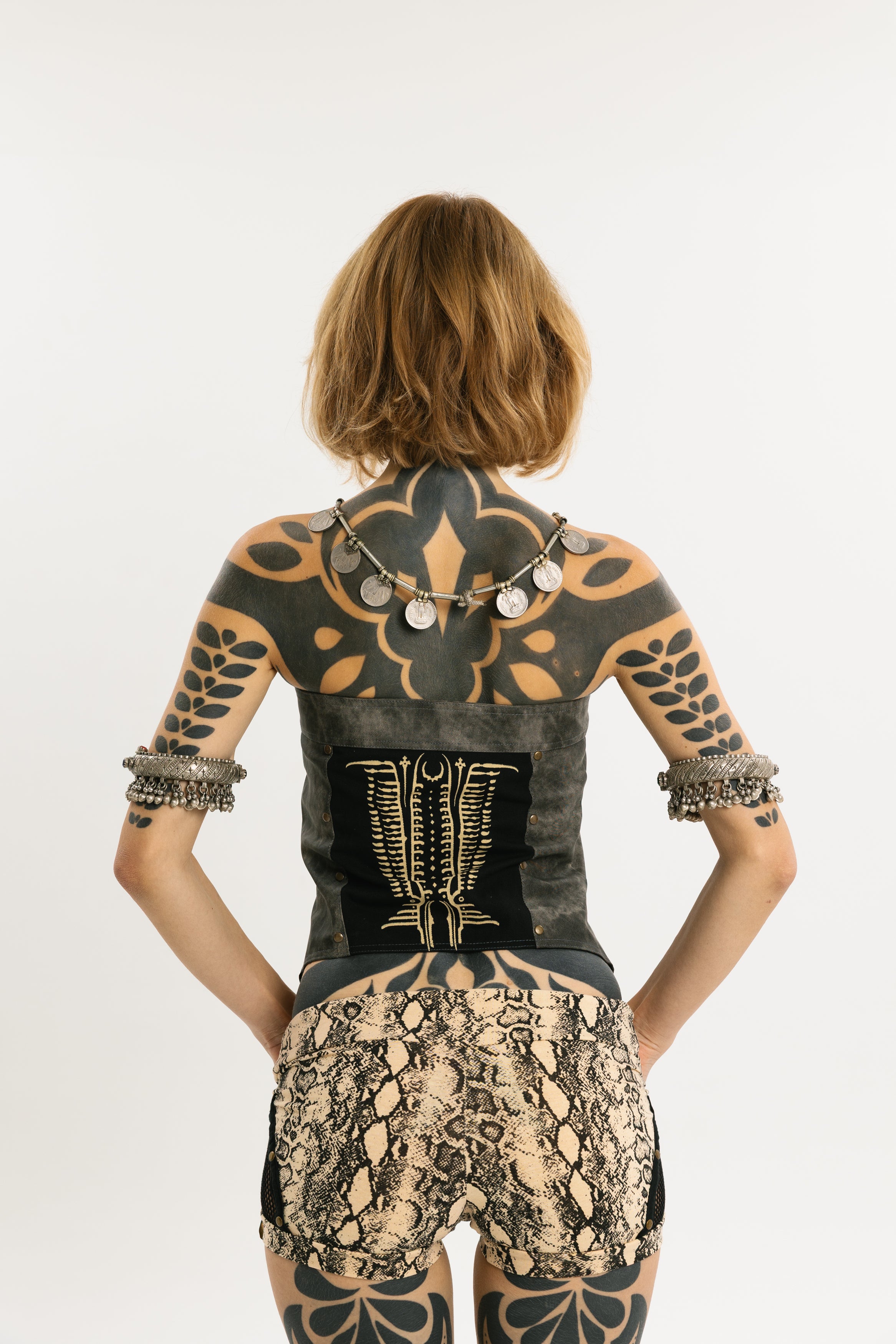 VENOM CAGE | Screen Printed Denim & Vegan Leather Corset | Vegan leather with wax + Paneled denim fabric