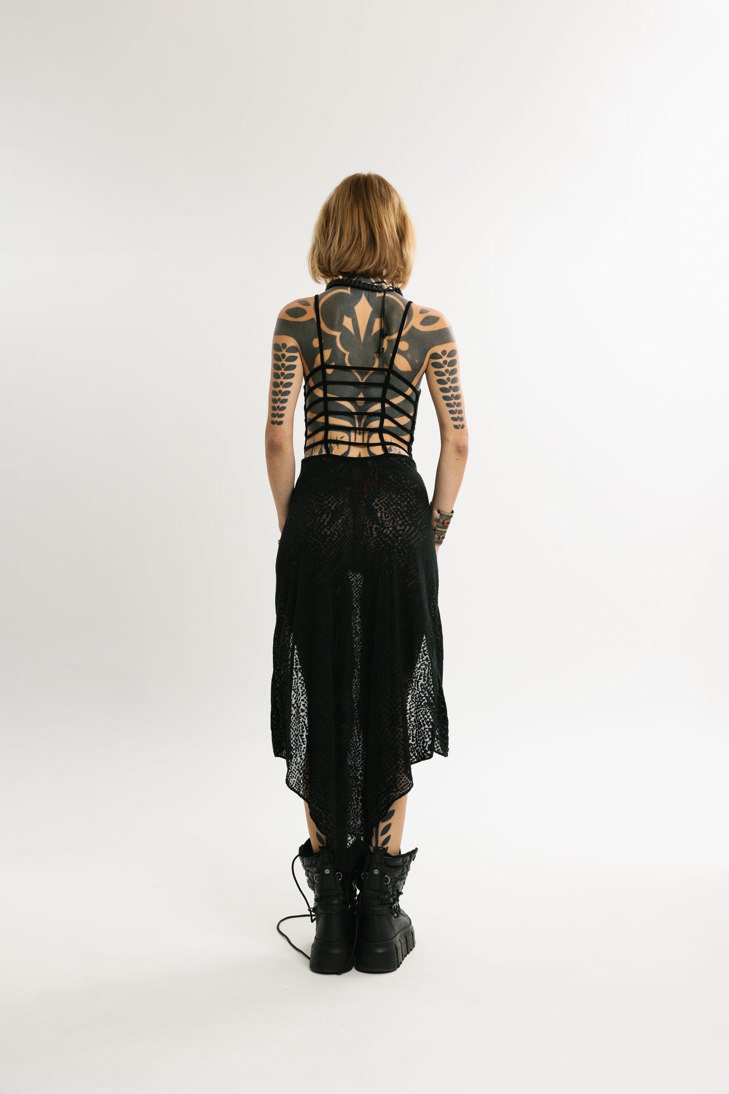 PHANTOM DRESS | Midi-Length Burnout Material and Vegan Leather Dress