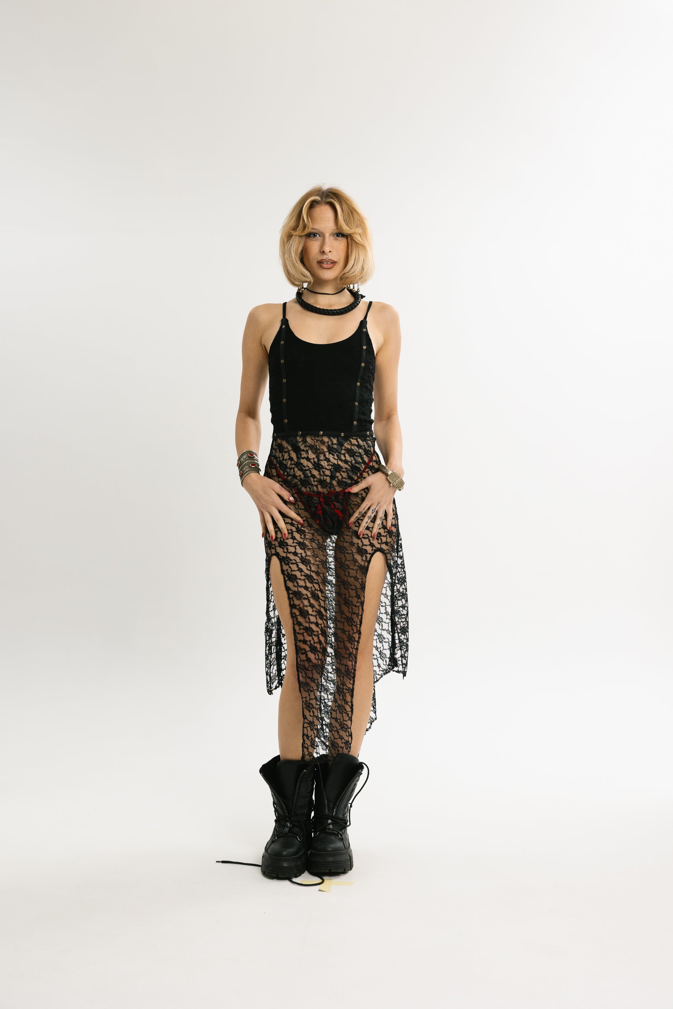 MIDNIGHT LACE | Midi-Length Vegan Leather and Lace Dress