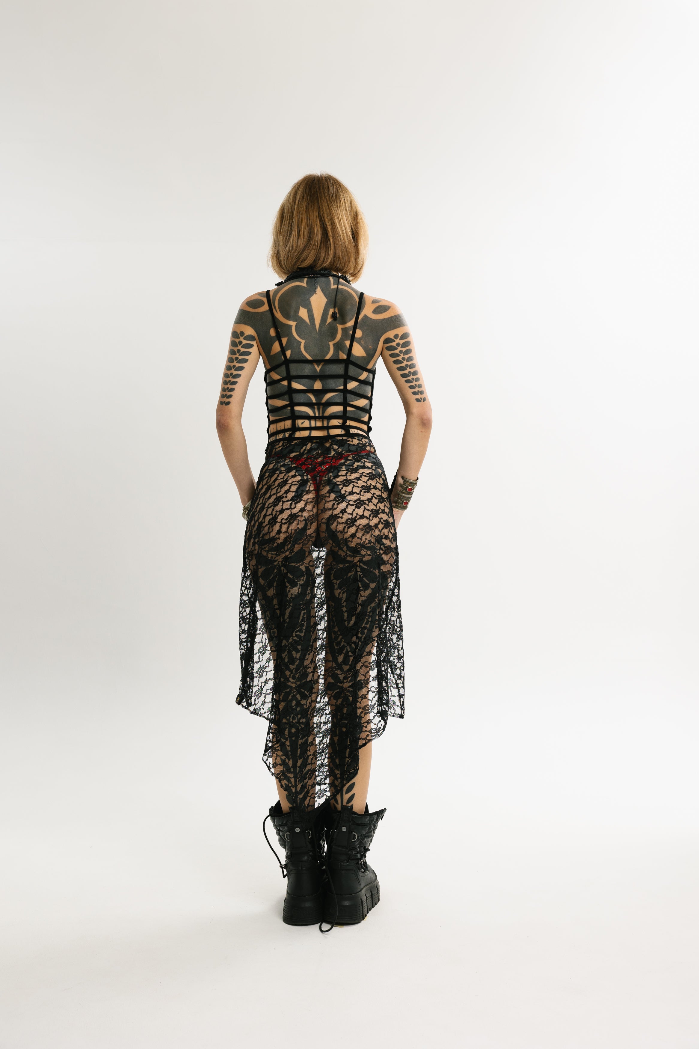 MIDNIGHT LACE | Midi-Length Vegan Leather and Lace Dress