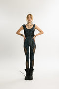 SHADOW SKIN | Full-Length Python Print Cotton Jumpsuit | Deep Blue with Black Mesh