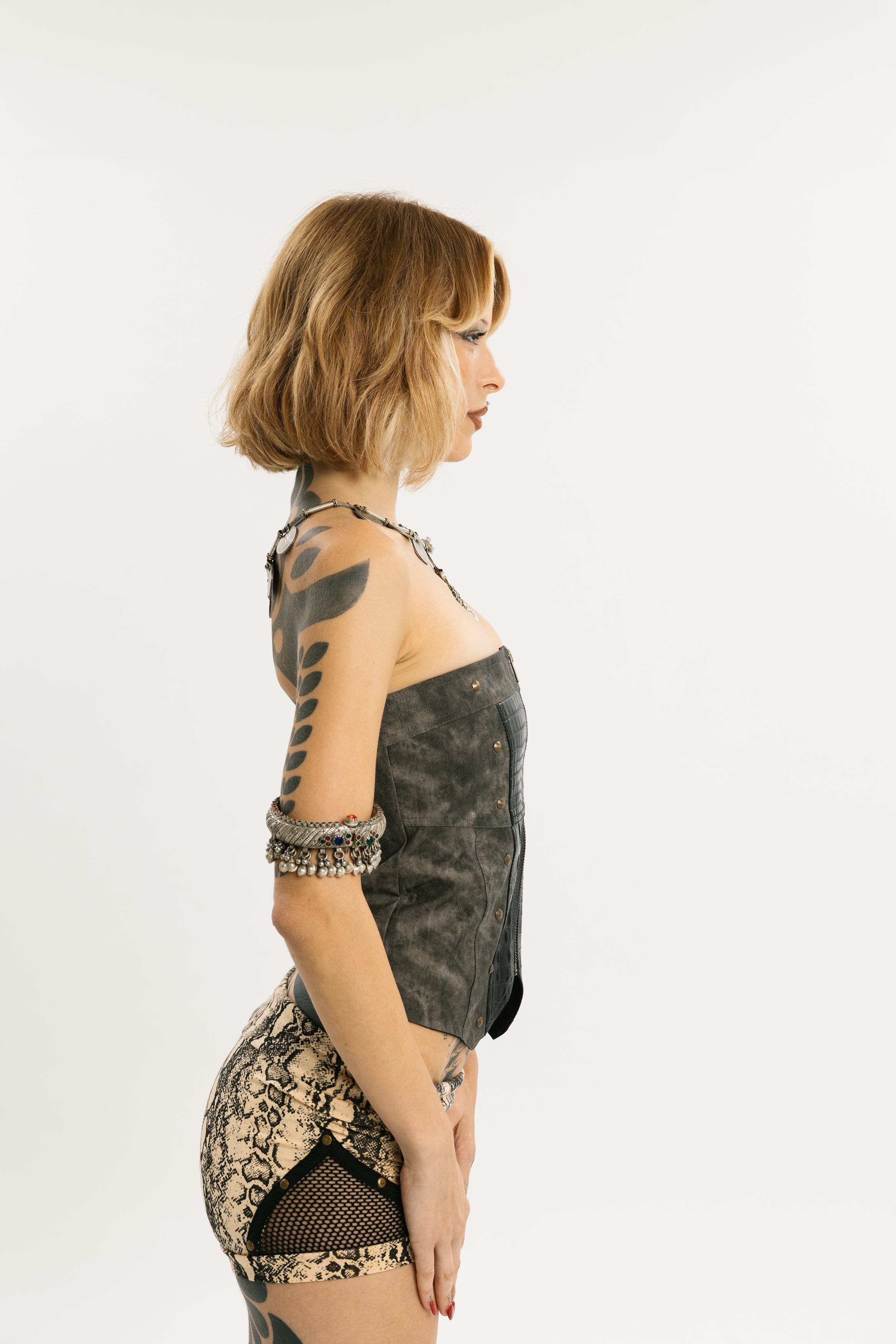SCALED ARMOR | Embossed Denim & Vegan Leather Corset | Vegan leather with Denim construction