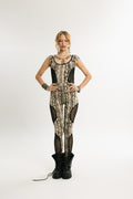 SHADOW SKIN | Full-Length Python Print Cotton Jumpsuit | Beige with Black Mesh