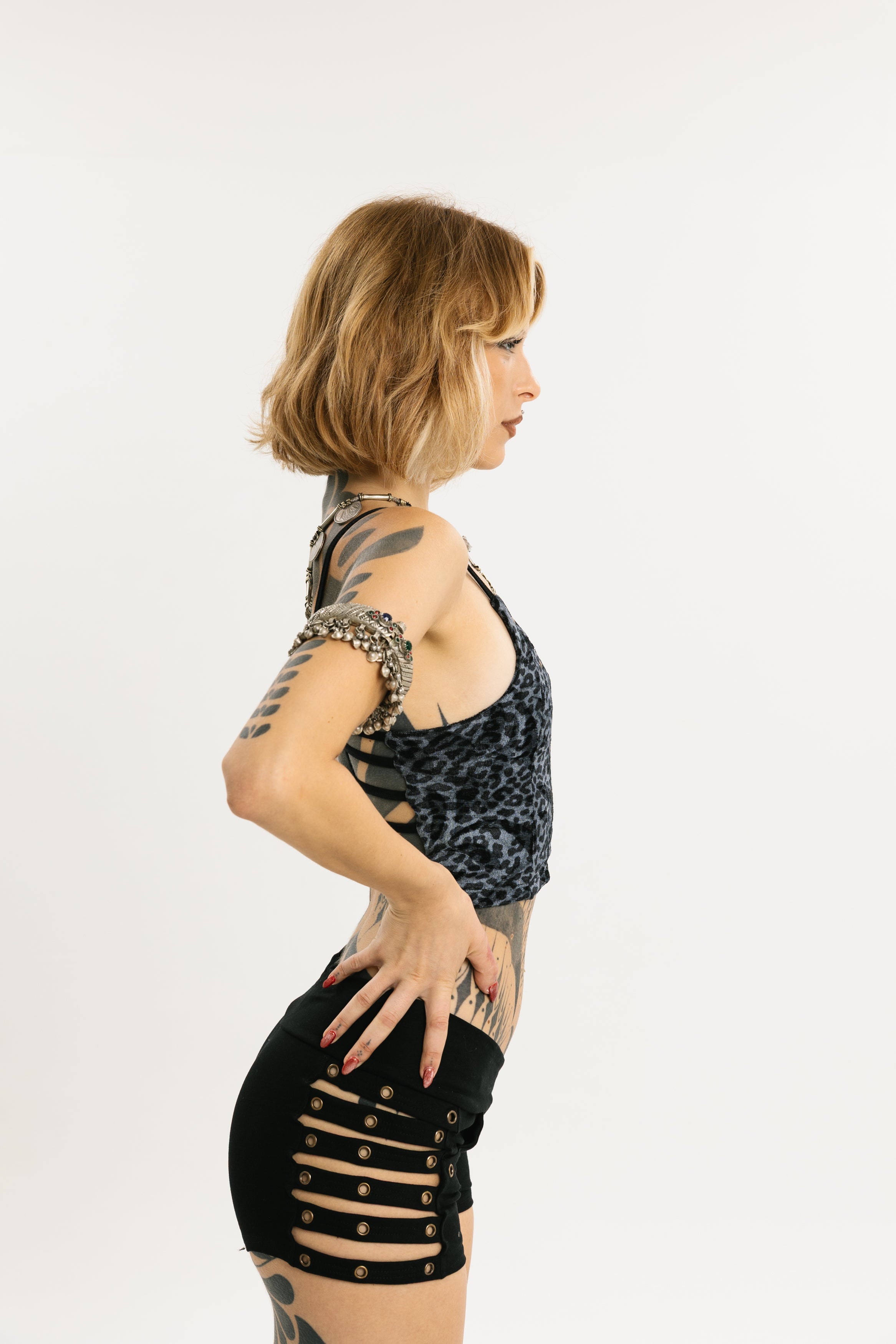 COIL TANK | Stretch Cotton Tank with Leopard Print | Grey | Short