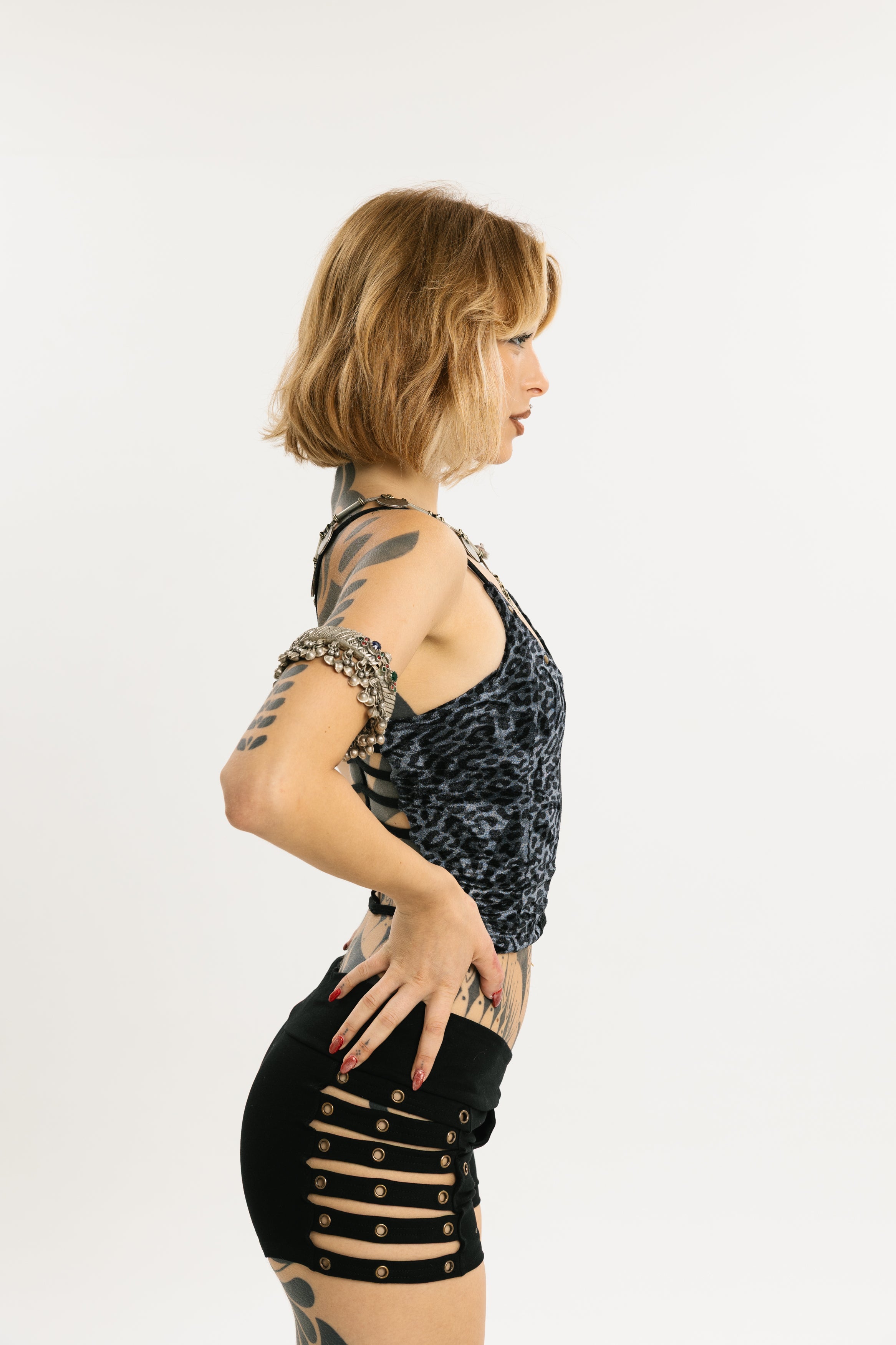 COIL TANK | Stretch Cotton Tank with Leopard Print | Grey | Long