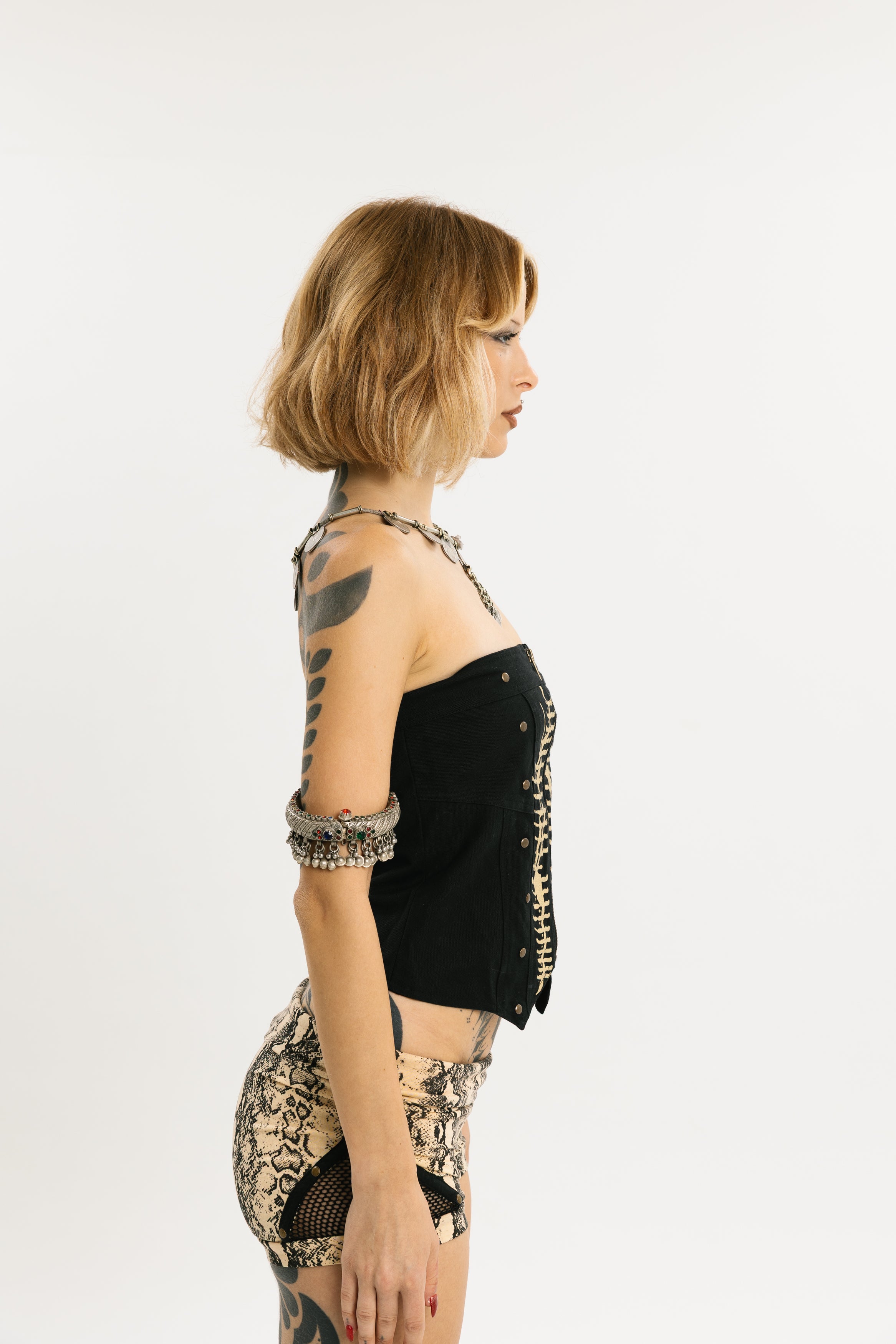VENOM CAGE | Screen Printed Denim & Vegan Leather Corset | Black denim + Screen-printed pattern