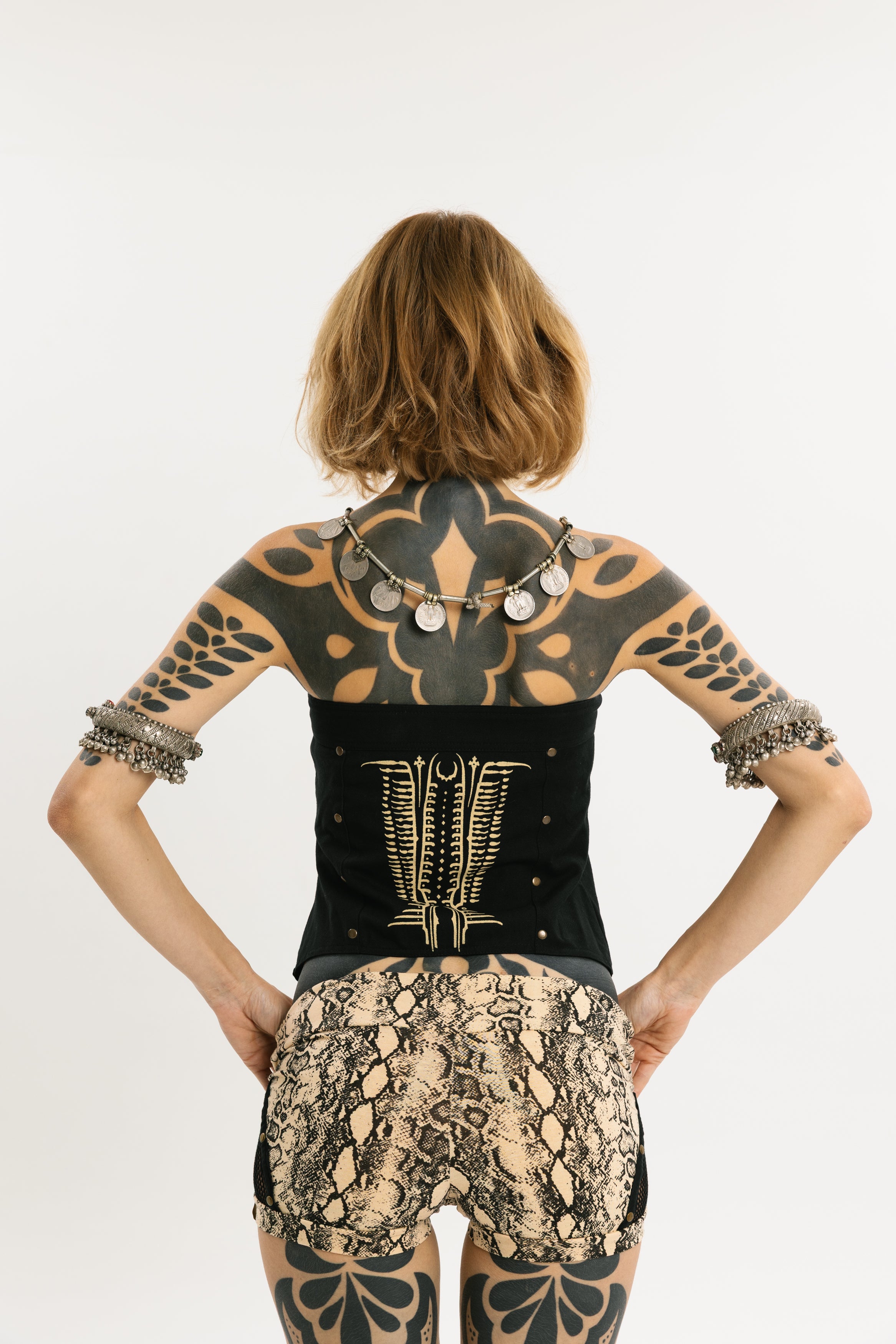 VENOM CAGE | Screen Printed Denim & Vegan Leather Corset | Black denim + Screen-printed pattern
